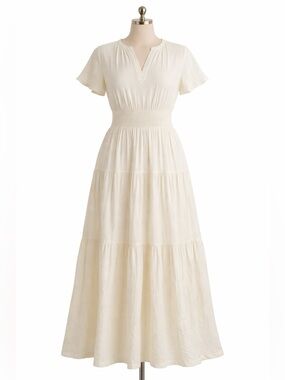 Lands’ End Ivory Maxi Dress Size L Smocked Waist Tiered Boho Cottagecore